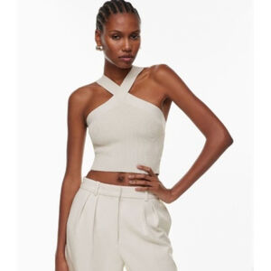 Babaton Cream Ribbed Halter Crop Top M